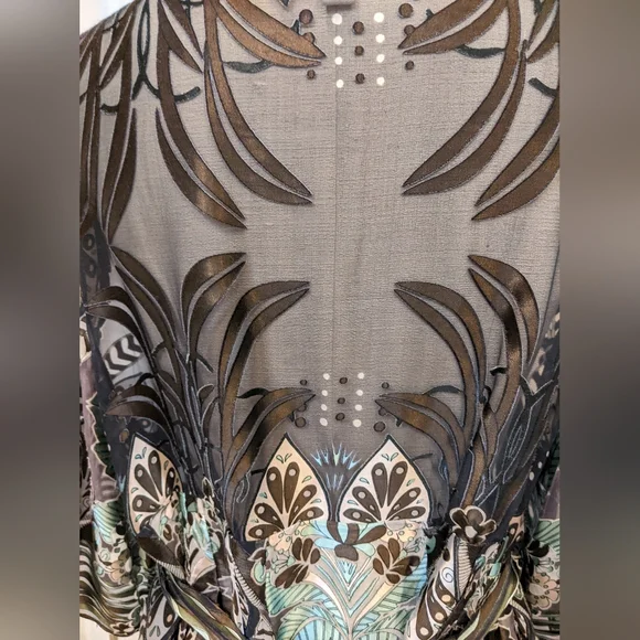 Eci 1X silk burnout tunic top tie backs fit & flare blue brown sheer Boho blouse - Picture 4 of 6